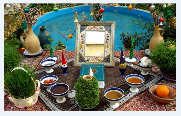 Persian New Year 2577 Ceremonial New Year Spread caled Haft-Seen from FarsiNet with Prayers and Best Wishes for all Iranian, Afghans, Kurds, Tajiks, ... who celebrate NowRuz