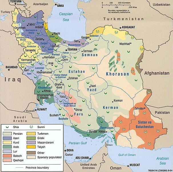 Map of Iran Showing The Ethnecity, Religion and Language spoken in each Region of Iran also known as Persian till 1934