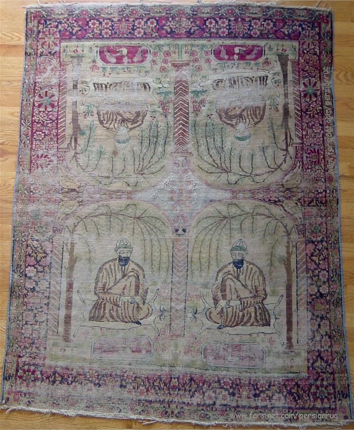 Kerman laver Antique Persian Rug, Portrait of Four Sufi masters in Prayer garmet, Sufi darvish Portraits